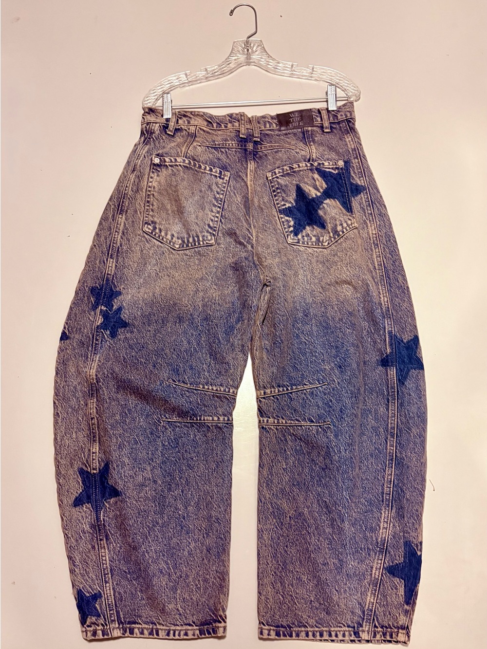 NEW Free People x WTF Good Luck Shadow Patch Barrel Jeans -Dark Wash w/ Stars ⭐️ - Picture 12 of 16